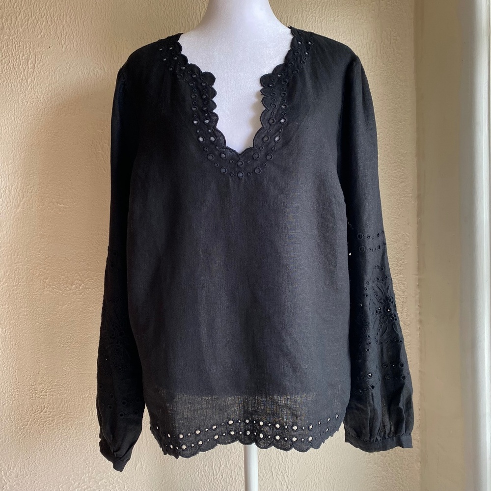 NWT J. Crew Bungalow black linen long sleeve top with eyelet details Size Medium